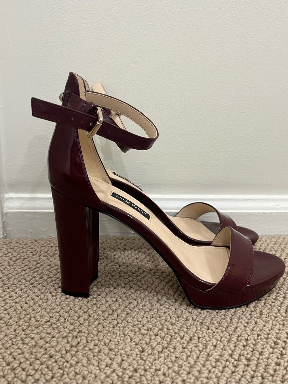 Like new! Nine West Burgundy Patent Ankle-Strap Block Heels - Picture 6 of 14